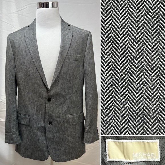 Men's Michael Kors Black Gray Herringbone 2-Button 42L Blazer Jacket Sport Coat